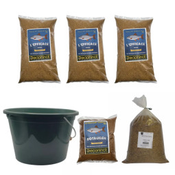 Pack 3 Groundbait "L'efficace" Gardon 2kg + 1 Rotaugen Deconinck 1kg + 1 Chenevis grillé moulu 3kg y un cubo
